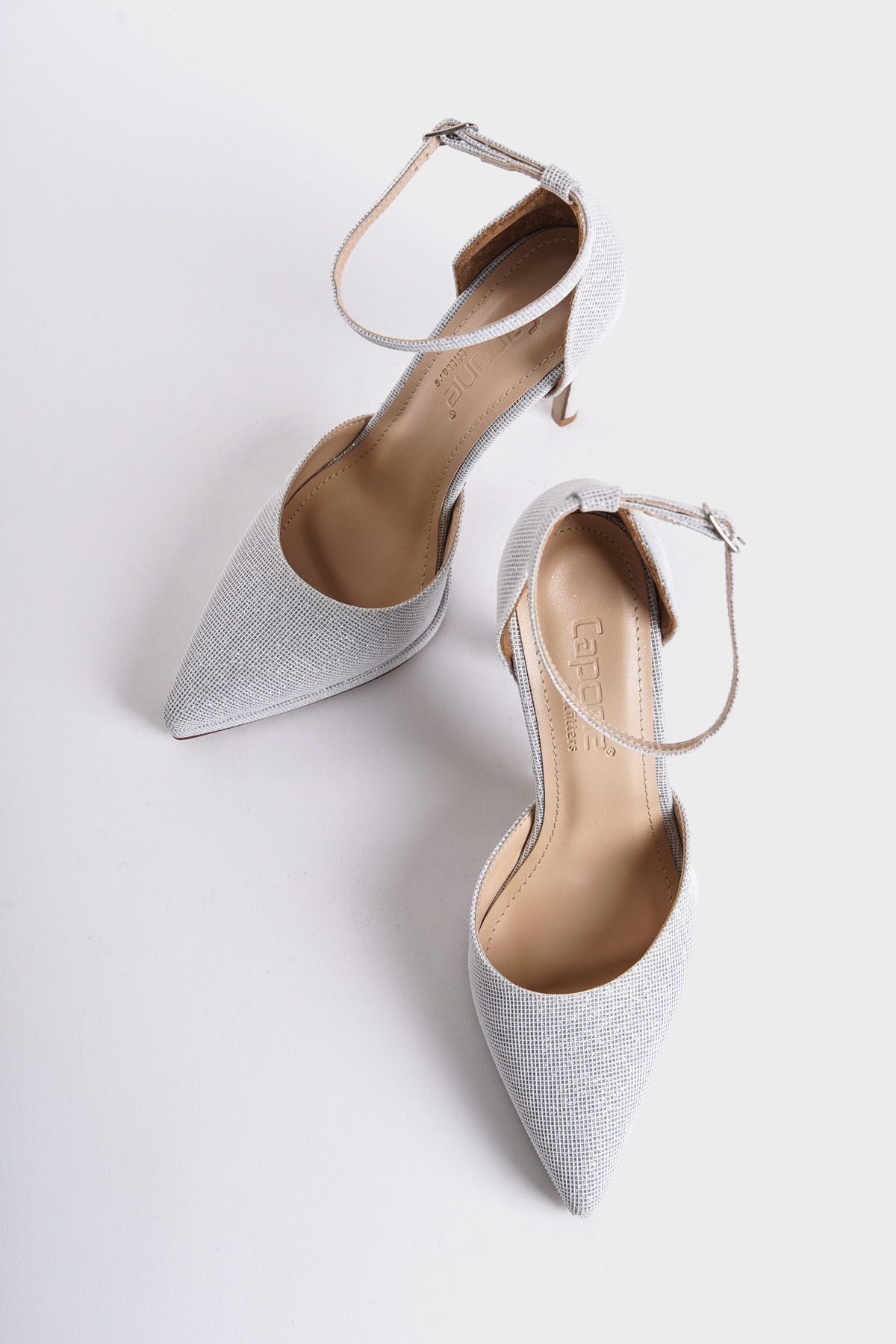 Capone Pointed Toe Ankle Strap High Heeled Glittery Women Silver Platform Shoes