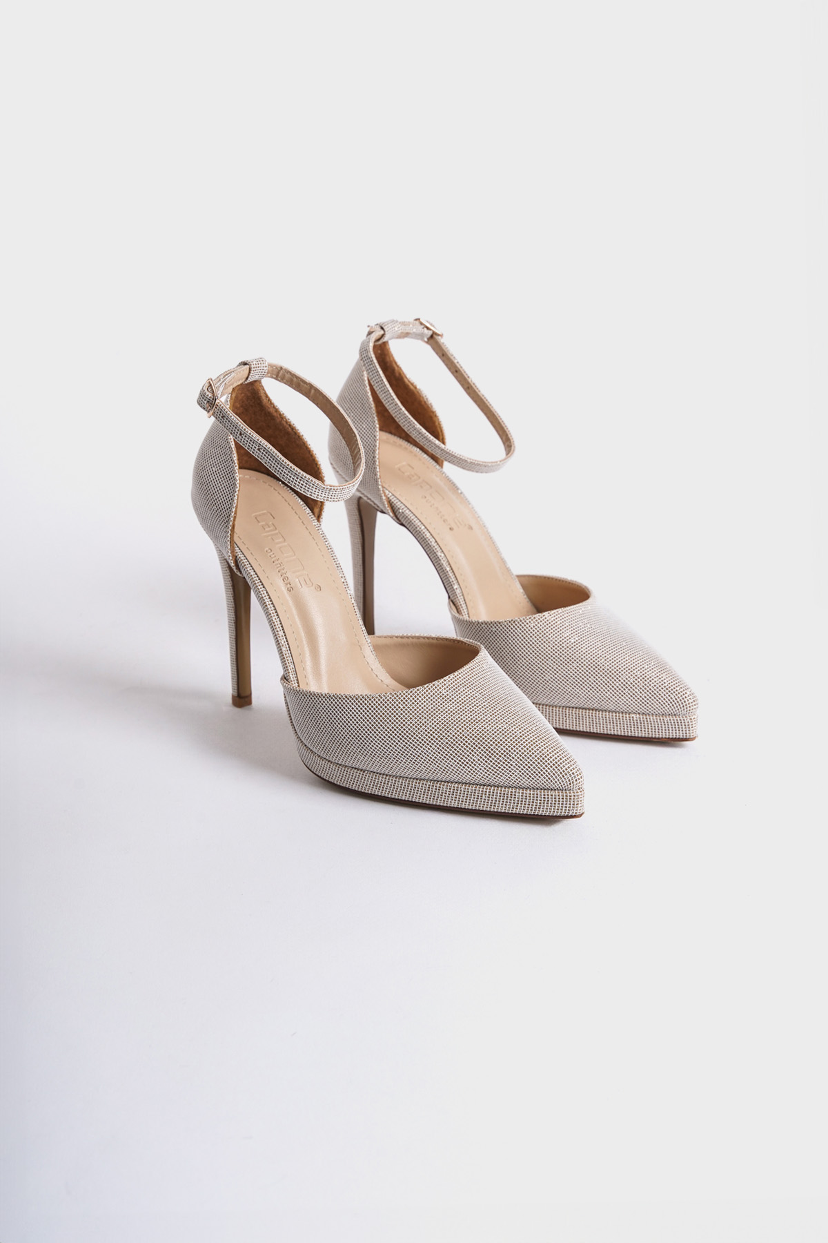 Capone Pointed Toe Ankle Strap High Heeled Glittery Women Gold Platform Shoes