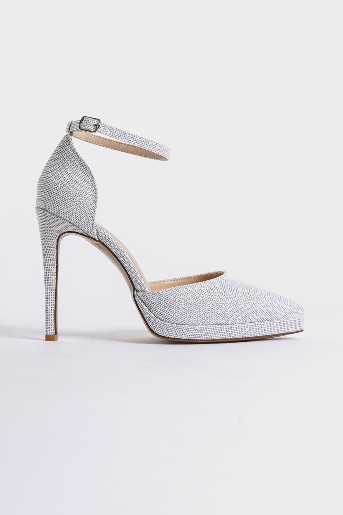 Capone Pointed Toe Ankle Strap High Heeled Glittery Women Silver Platform Shoes