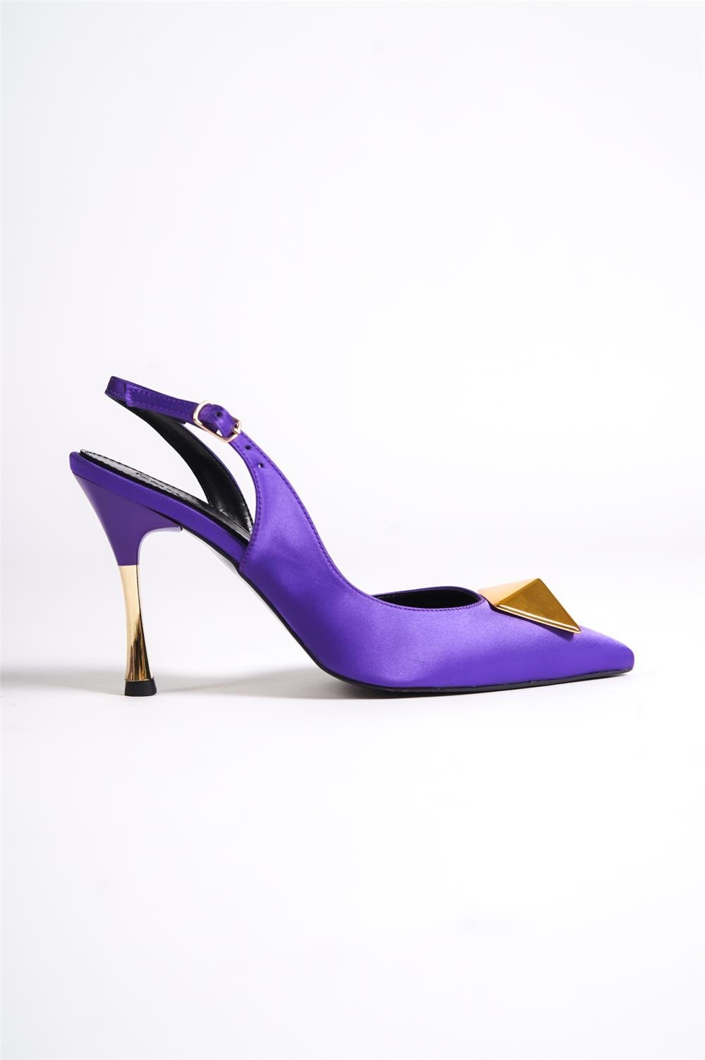 Capone Pointed Toe Big Spike Accessory Slingback Metal Heeled Satin Woman Shoes