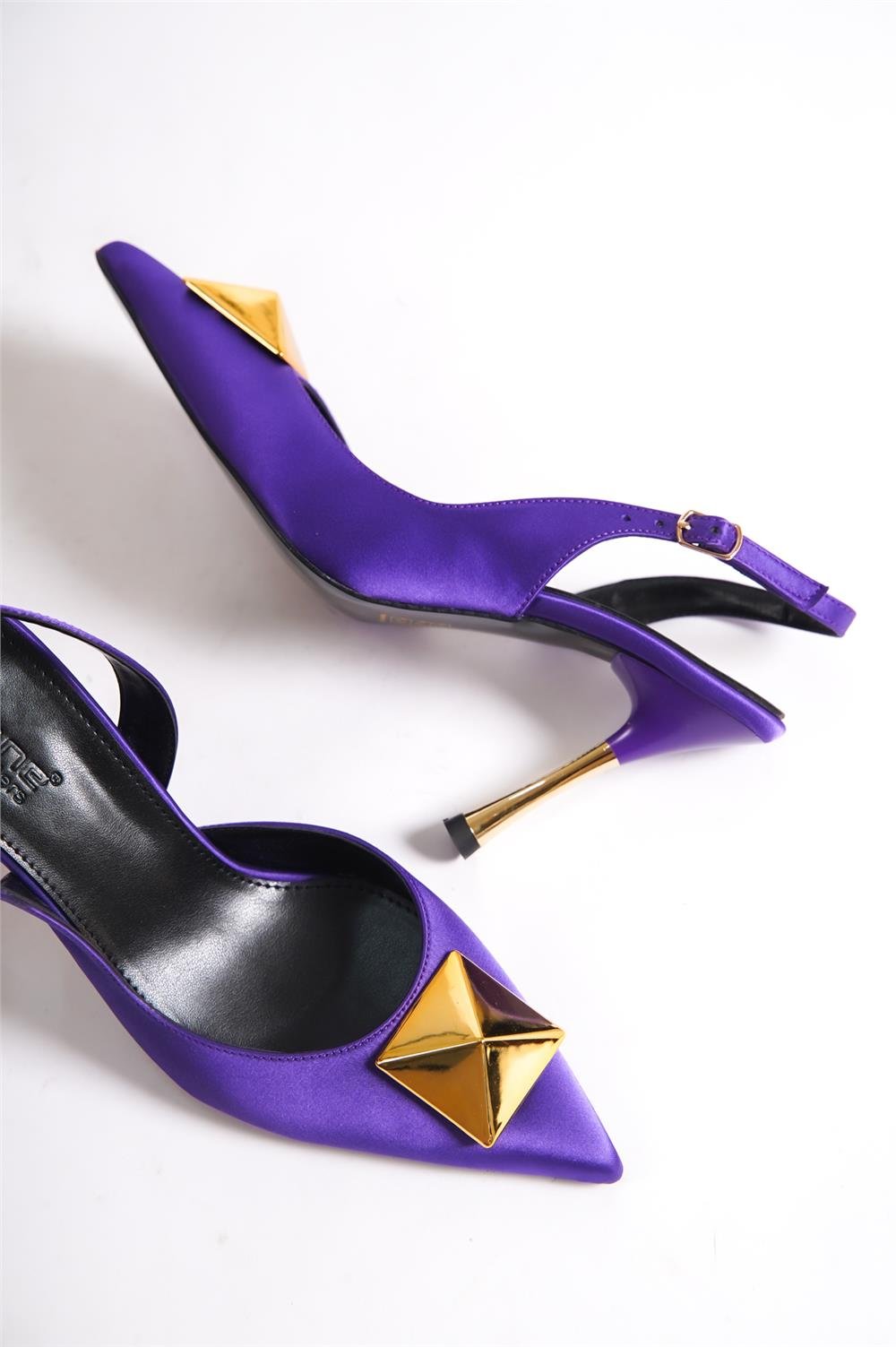 Capone Pointed Toe Big Spike Accessory Slingback Metal Heeled Satin Woman Shoes