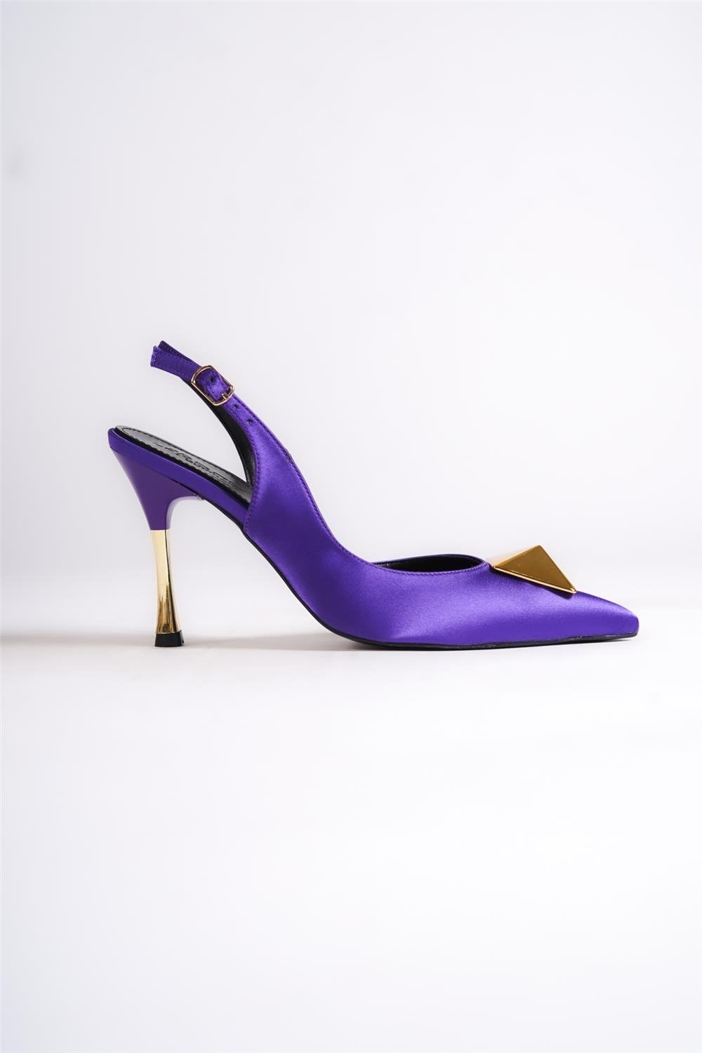 Capone Pointed Toe Big Spike Accessory Slingback Metal Heeled Satin Woman Shoes