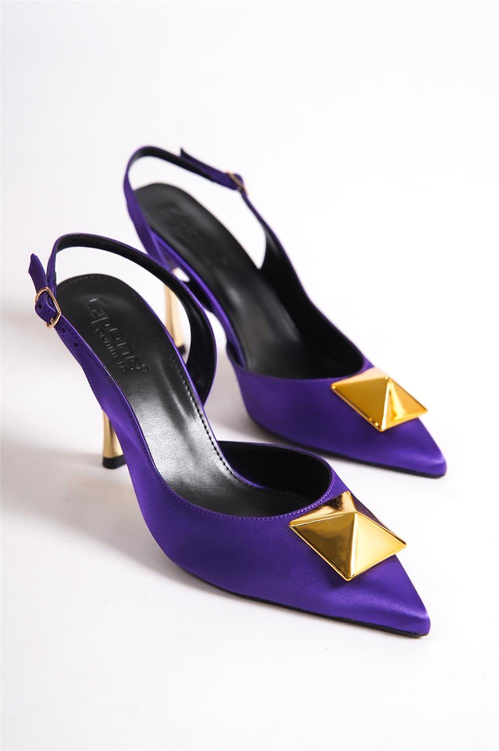 Capone Pointed Toe Big Spike Accessory Slingback Metal Heeled Satin Woman Shoes