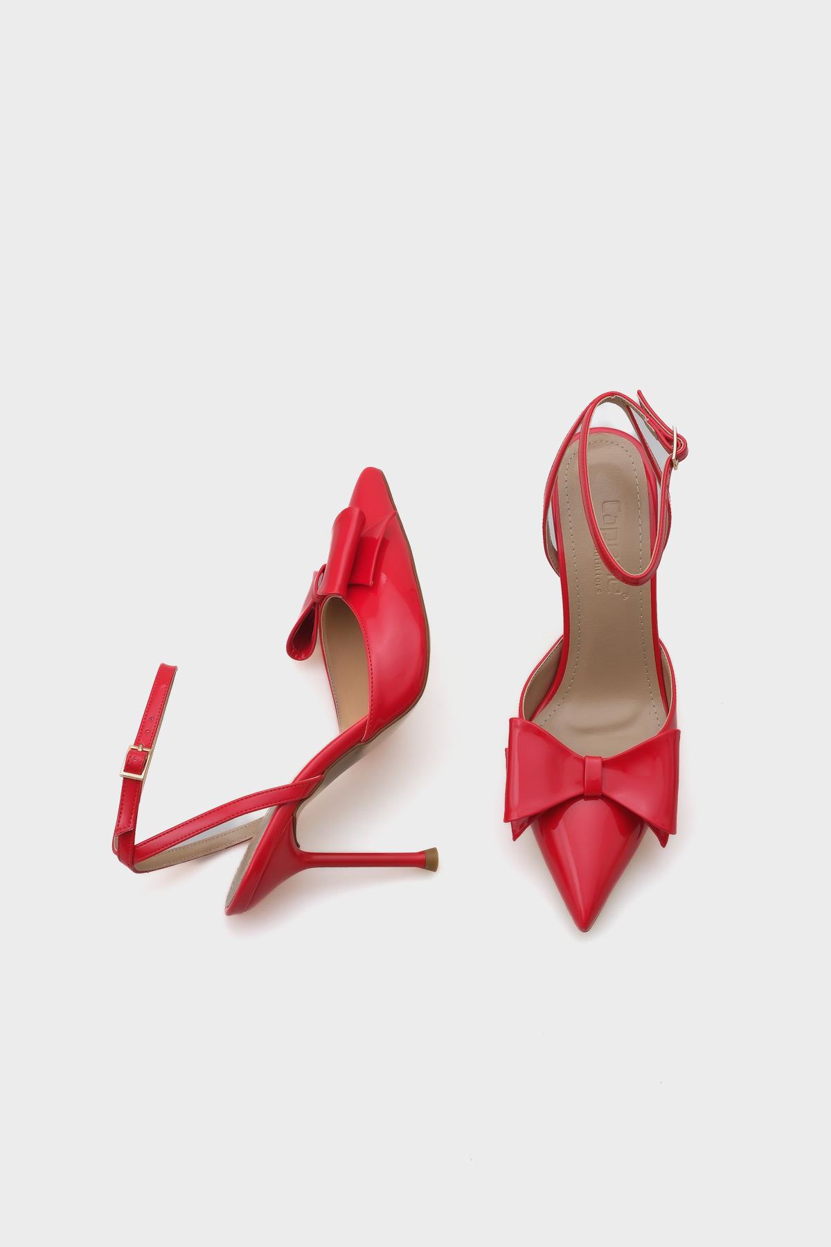 Capone Pointed Toe Bow Ankle Strap Women Patent Red Shoes