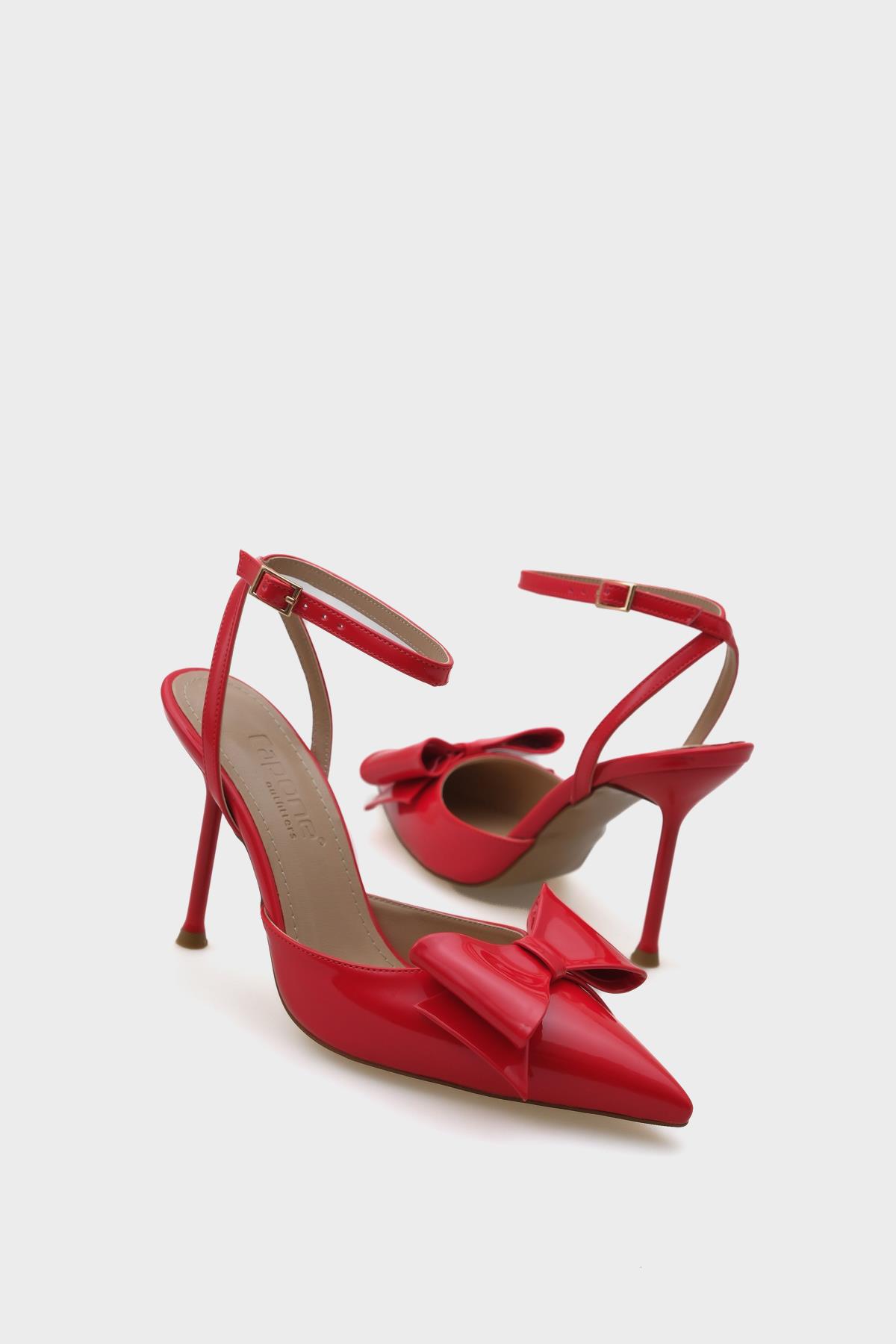 Capone Pointed Toe Bow Ankle Strap Women Patent Red Shoes
