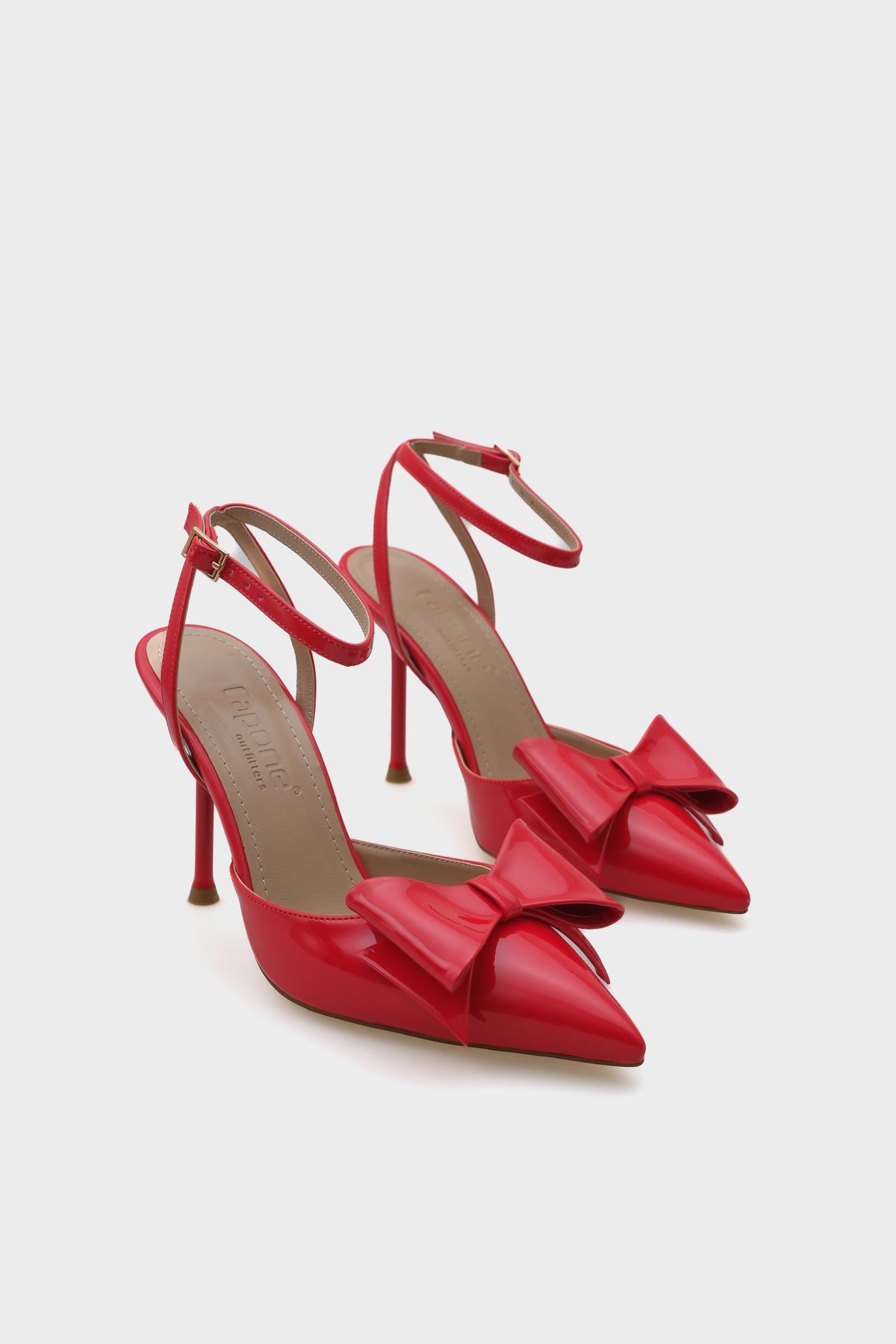 Capone Pointed Toe Bow Ankle Strap Women Patent Red Shoes