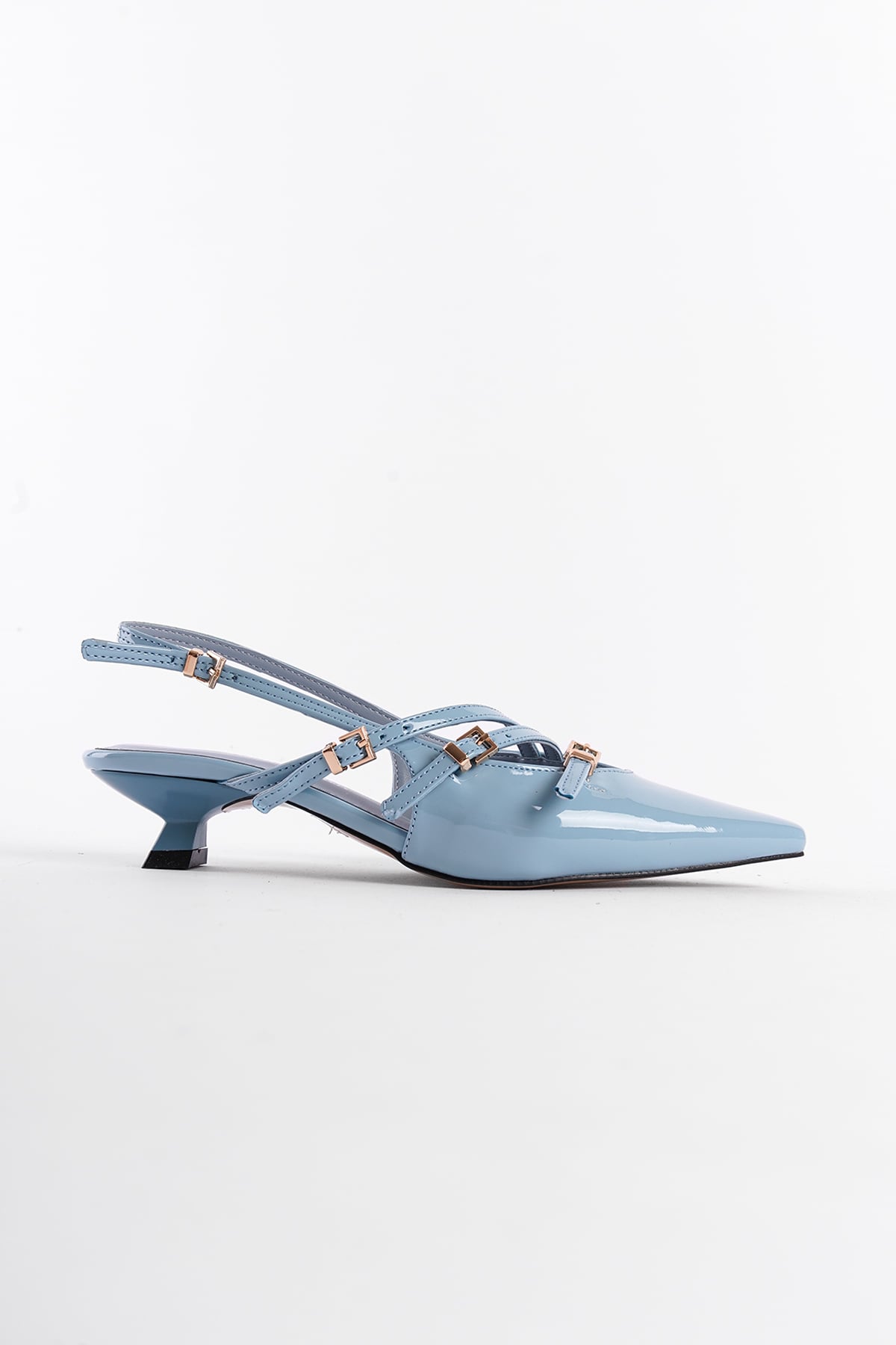 Capone Pointed Toe Low Heel Buckle Faux Patent Leather Women Blue Shoes