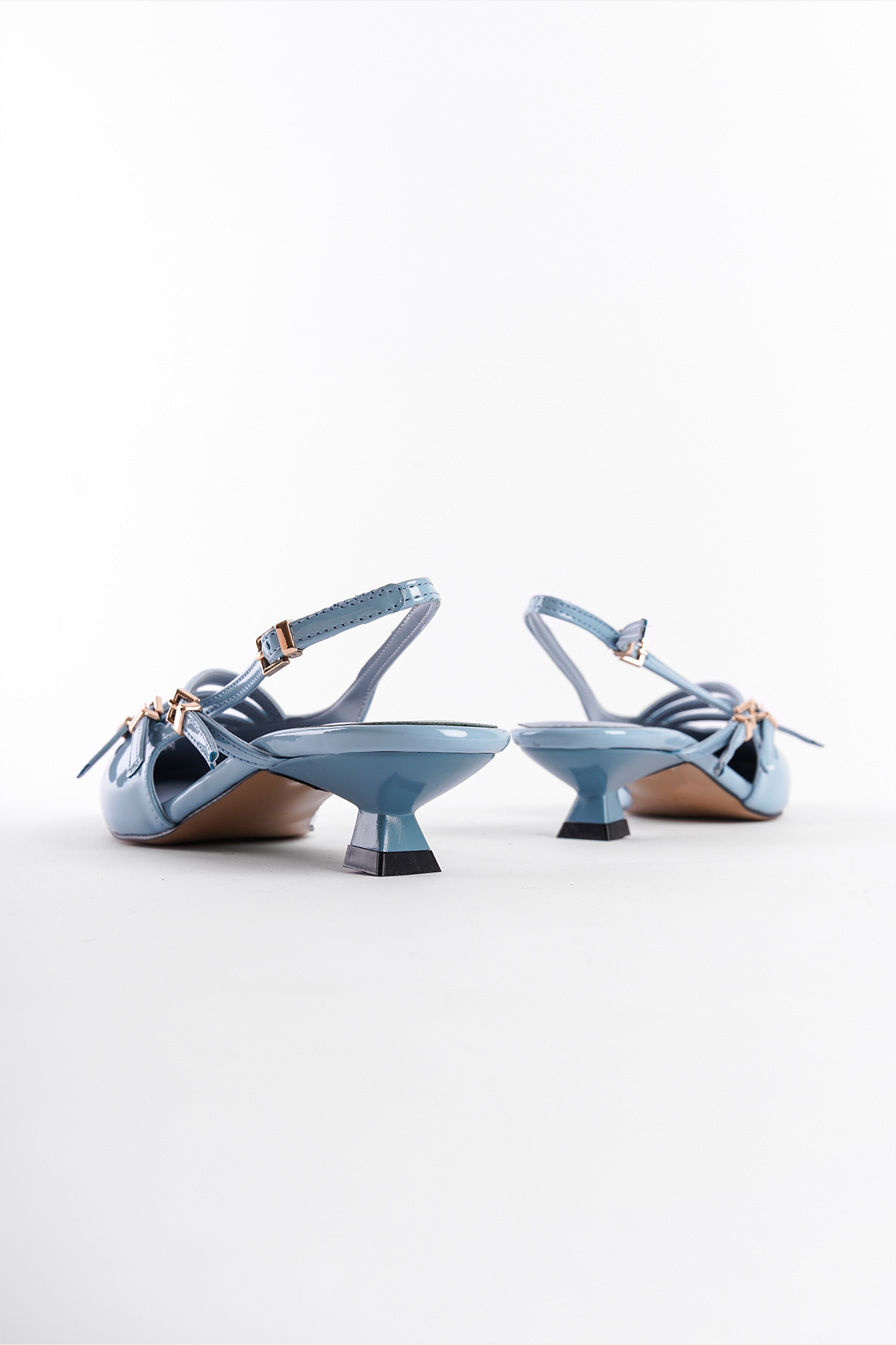 Capone Pointed Toe Low Heel Buckle Faux Patent Leather Women Blue Shoes