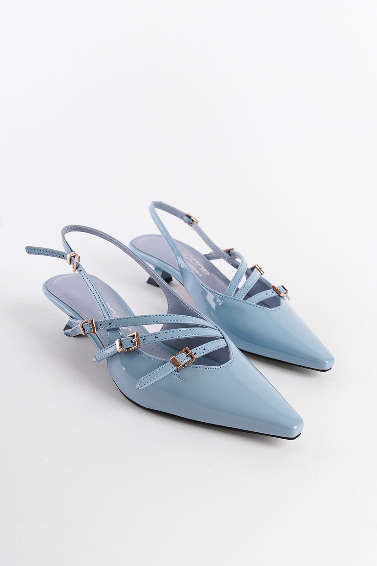 Capone Pointed Toe Low Heel Buckle Faux Patent Leather Women Blue Shoes