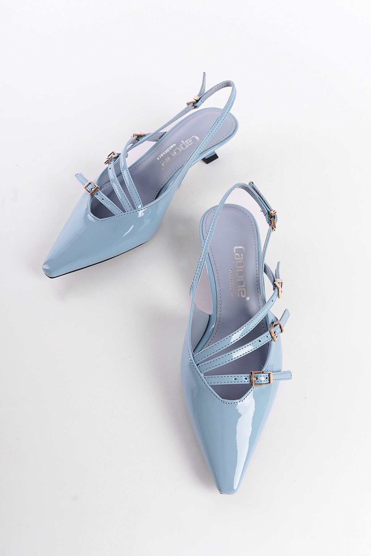 Capone Pointed Toe Low Heel Buckle Faux Patent Leather Women Blue Shoes