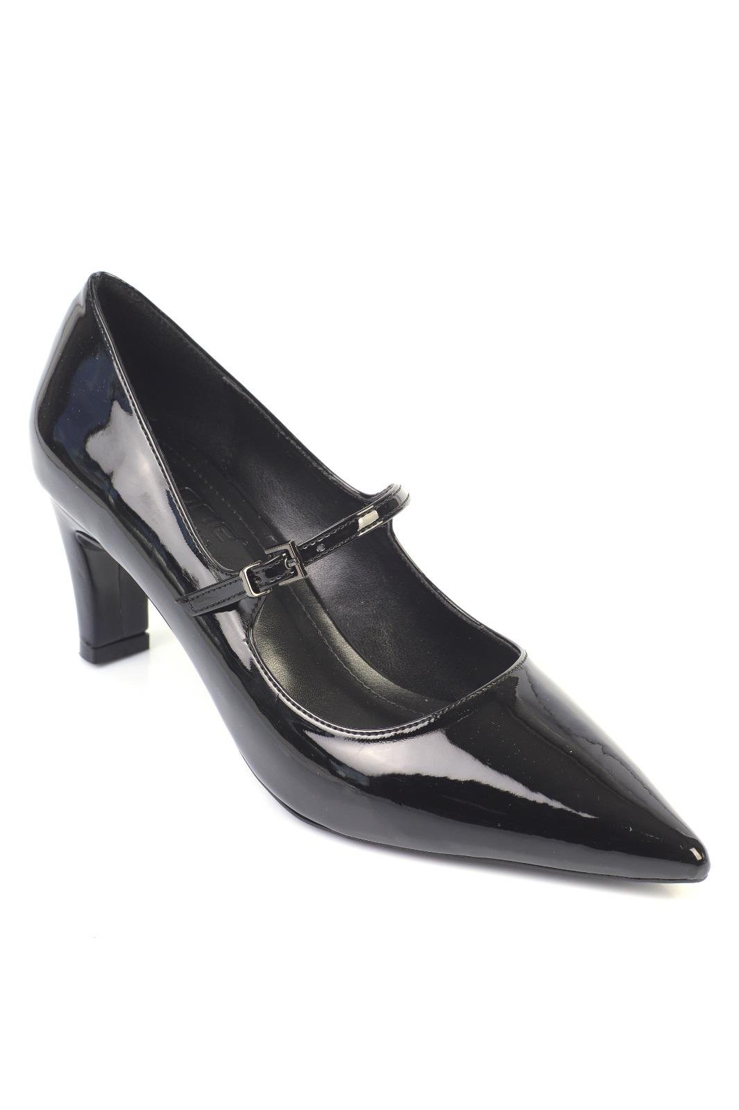 Capone Pointed Toe Medium Heeled Faux Patent Women Patent Black Shoes