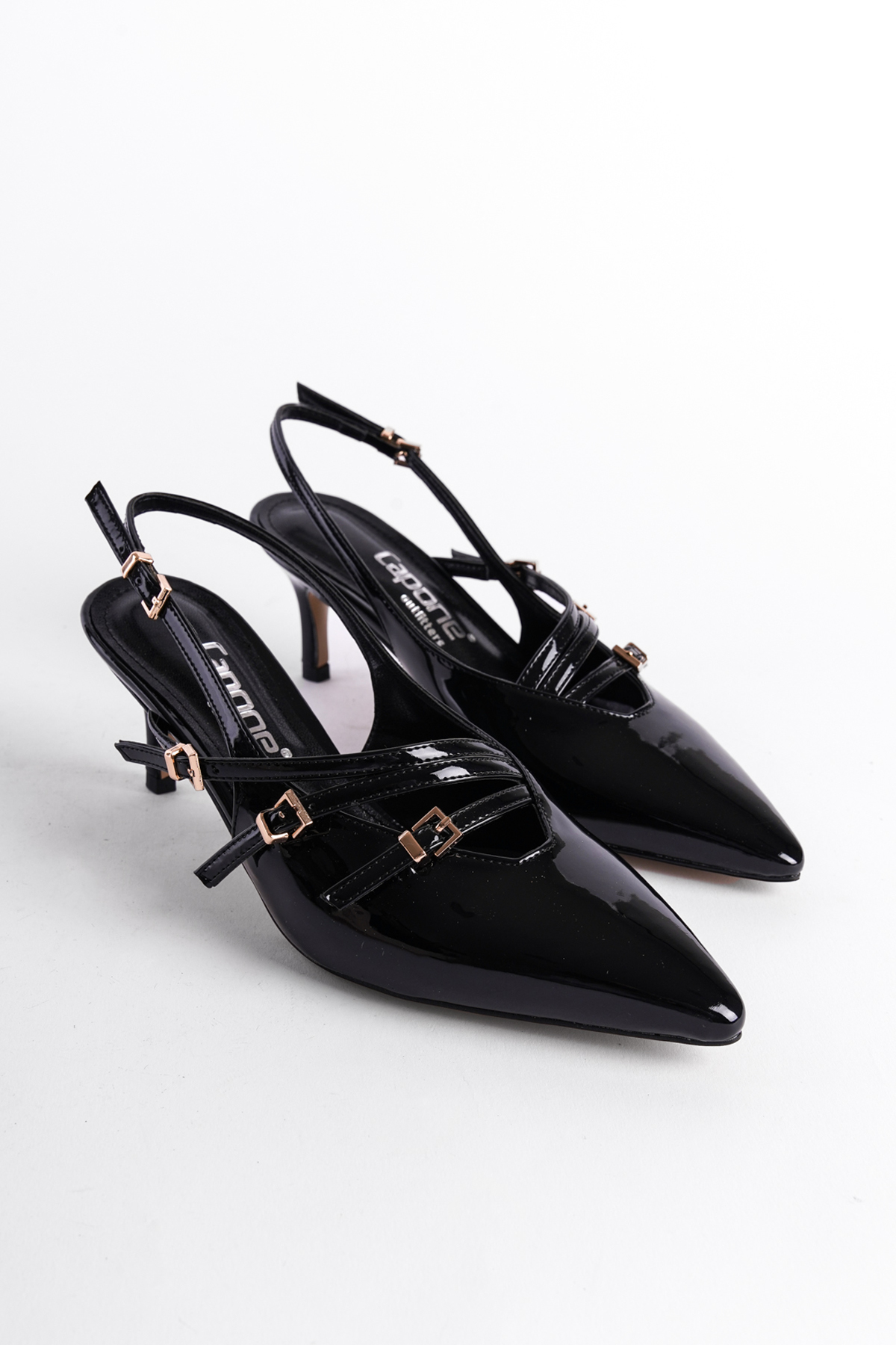 Capone Pointed Toe Mid Heel Buckle Faux Patent Leather Women Patent Black Shoes