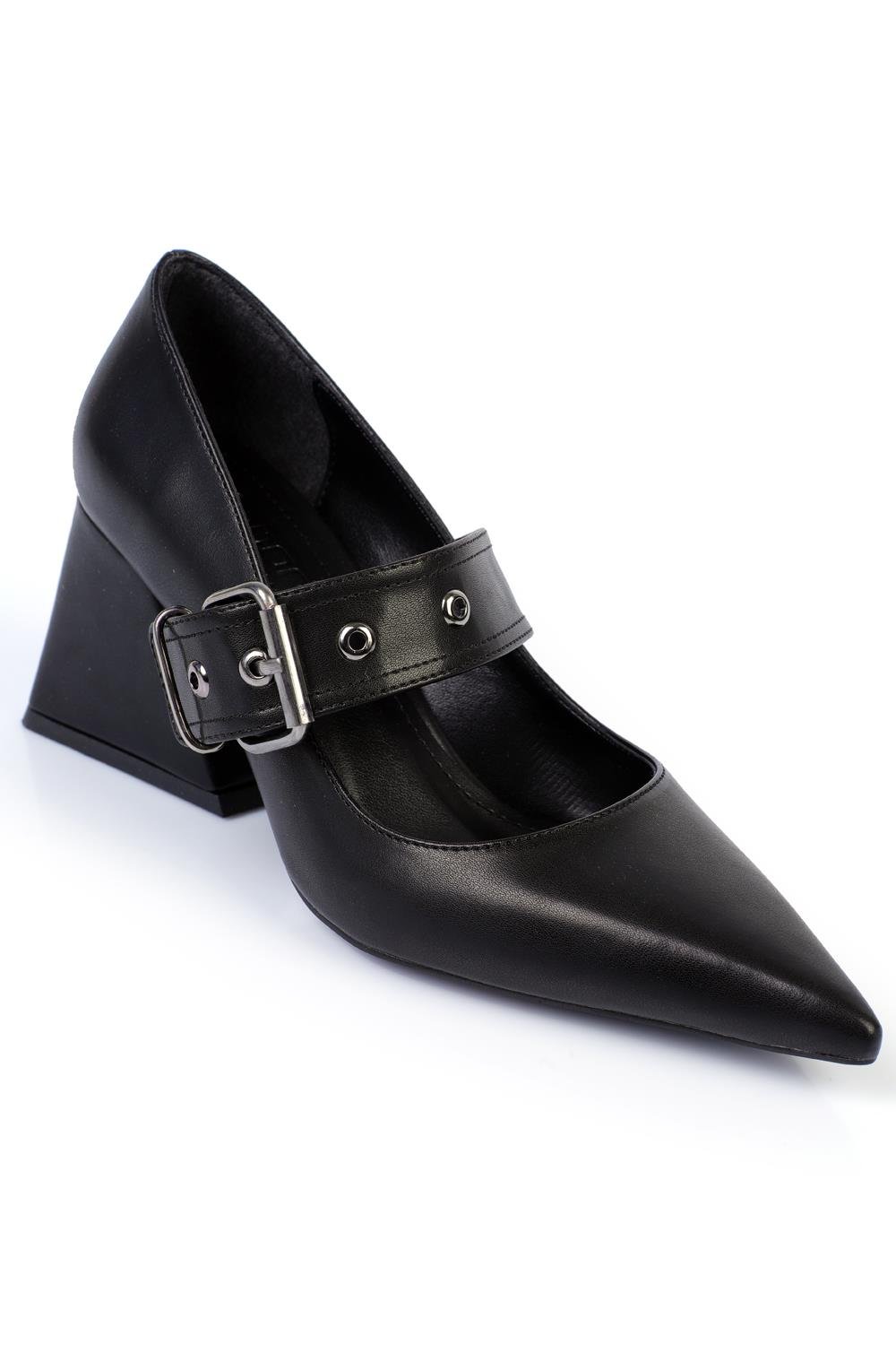 Capone Pointed-Toe Mid-Heeled Metal Buckled Women Black Shoes