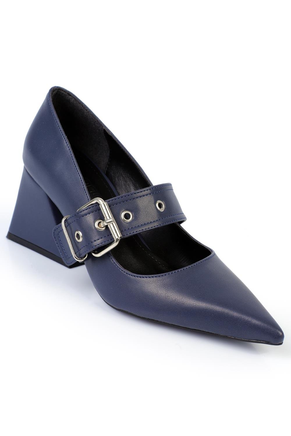 Capone Pointed-Toe Mid-Heeled Metal Buckled Women Navy Shoes