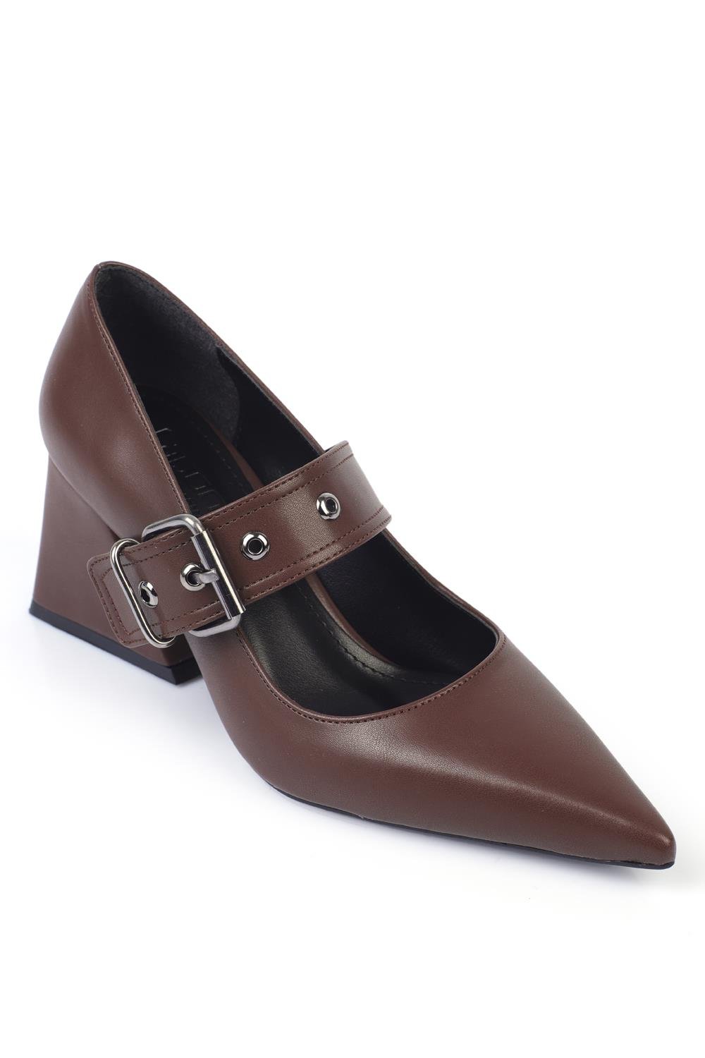 Capone Pointed-Toe Mid-Heeled Metal Buckled Women Dark Brown Shoes