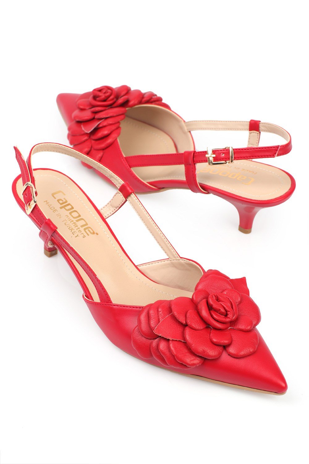 Capone Pointed Toe Rose Pattern Mid Heel Slingback   Woman Shoes