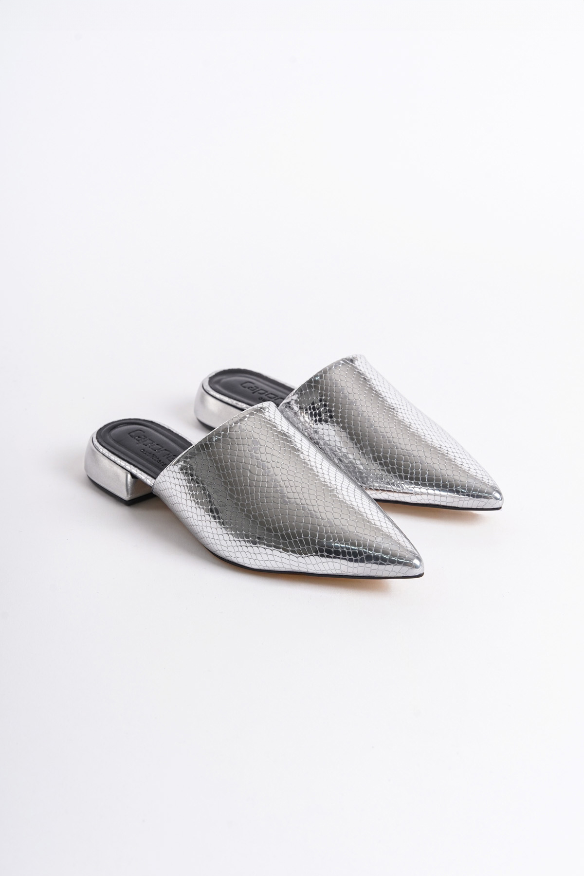 Capone Pointed Toe Short Heeled Closed Women Metallic Silver Sandals