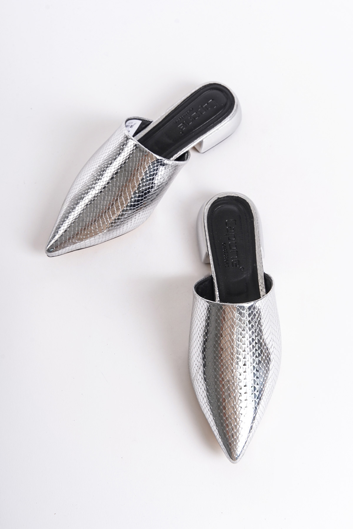 Capone Pointed Toe Short Heeled Closed Women Metallic Silver Sandals