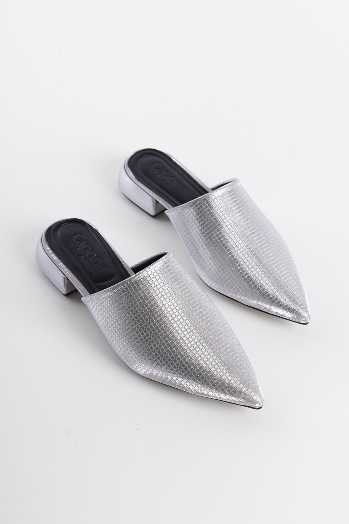 Capone Pointed Toe Short Heeled Closed Women Silver Sandals