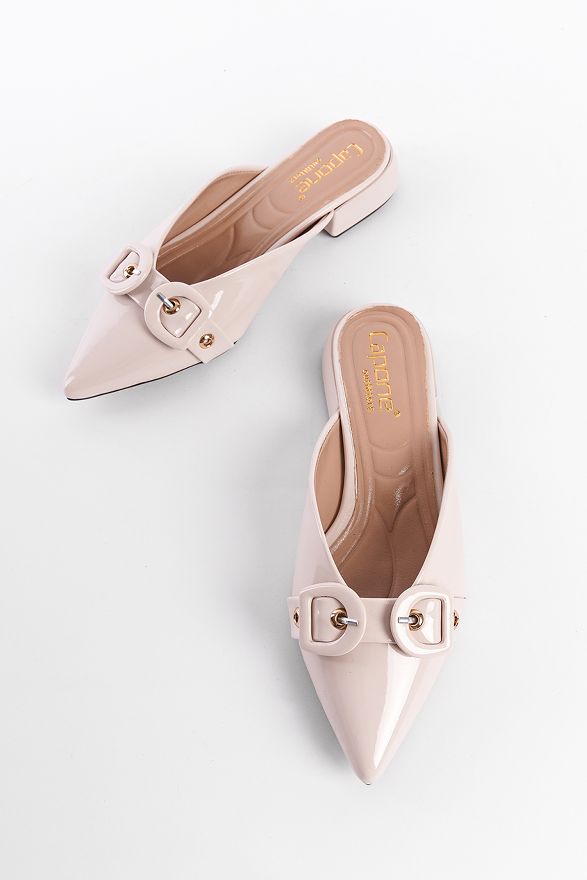 Capone Pointed Toe Short Heeled Double Buckle Closed Women Patent Ecru Sandals