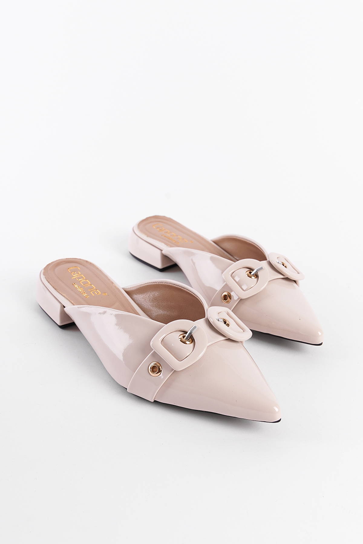 Capone Pointed Toe Short Heeled Double Buckle Closed Women Patent Ecru Sandals