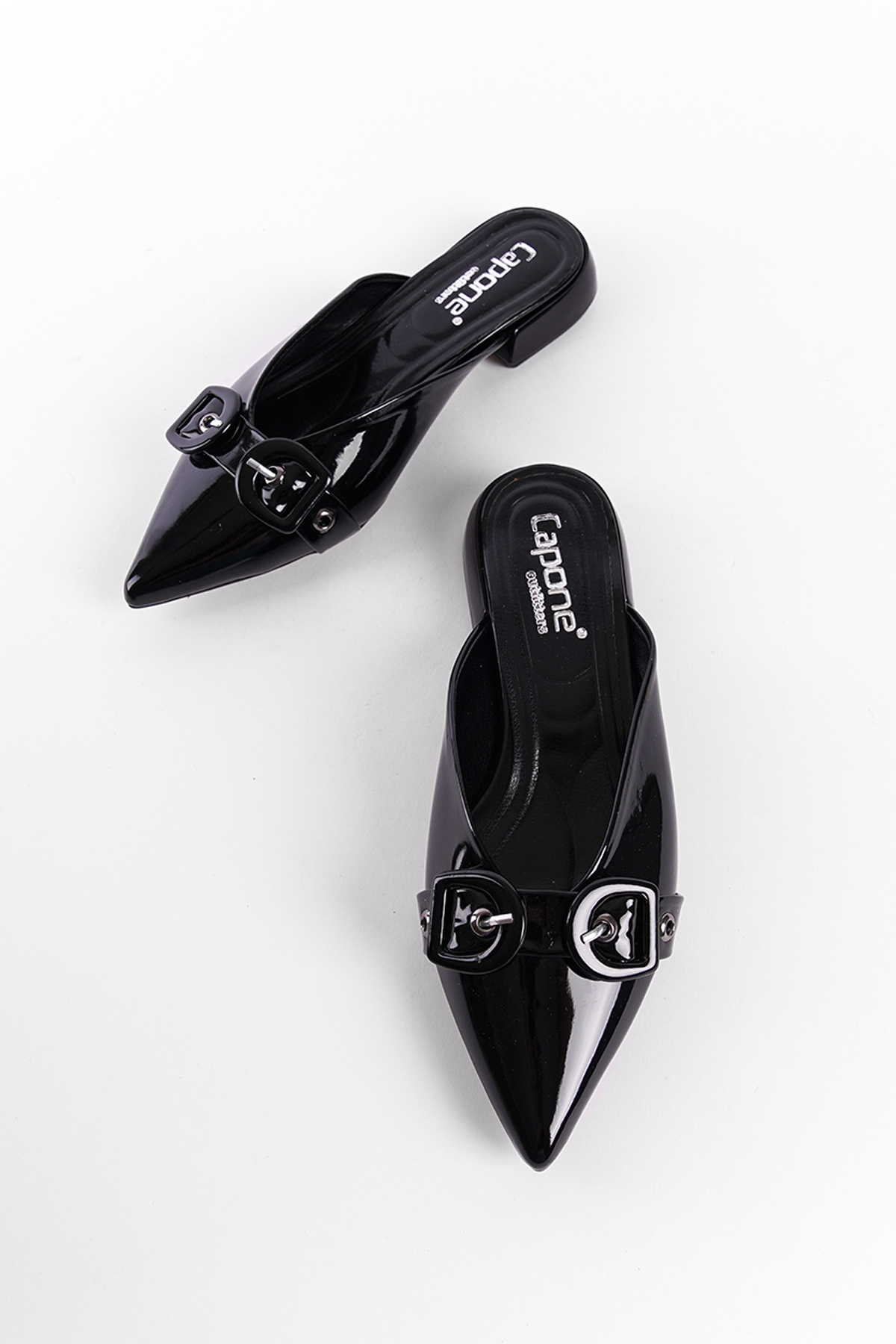 Capone Pointed Toe Short Heeled Double Buckle Closed Women Patent Black Sandals