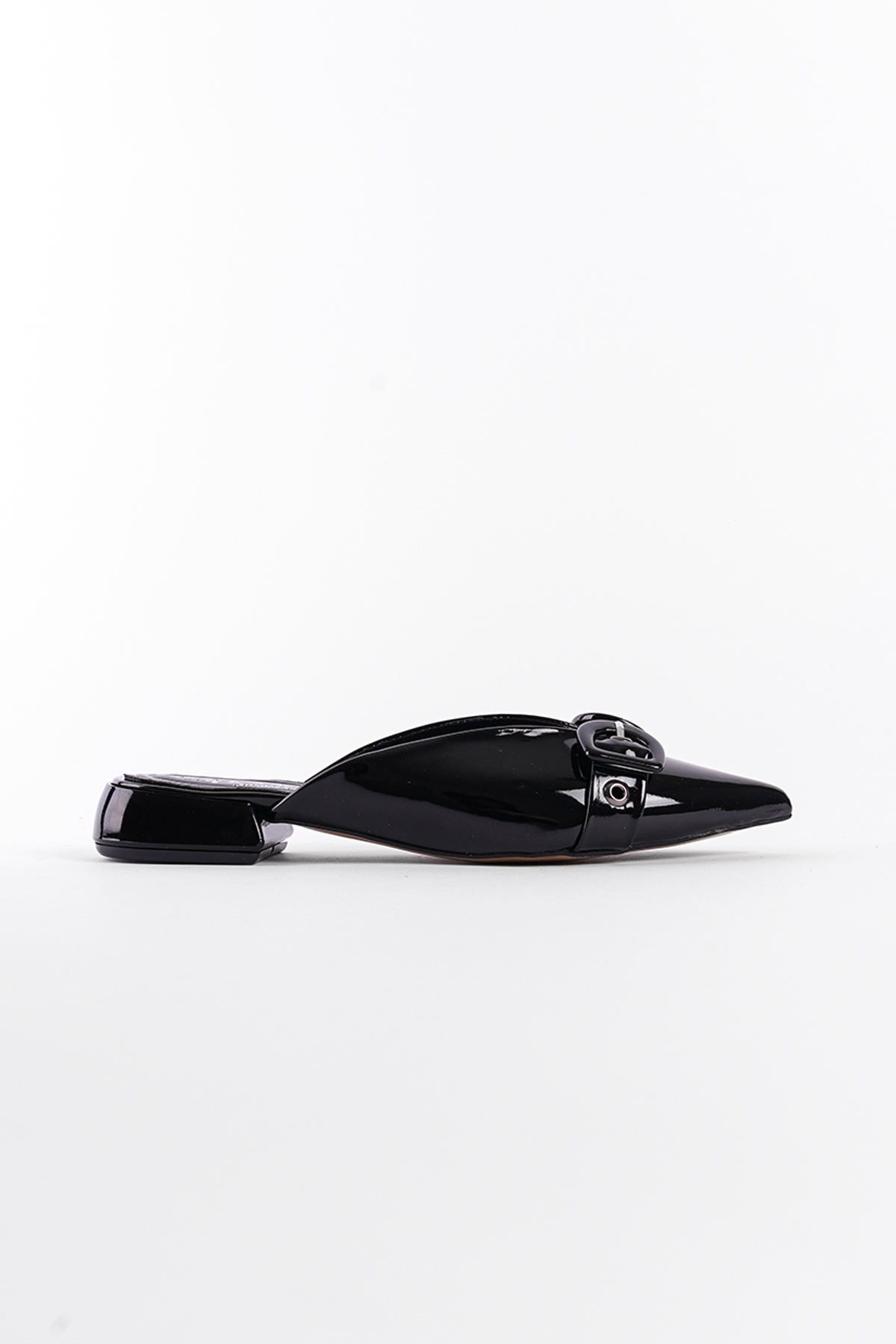 Capone Pointed Toe Short Heeled Double Buckle Closed Women Patent Black Sandals