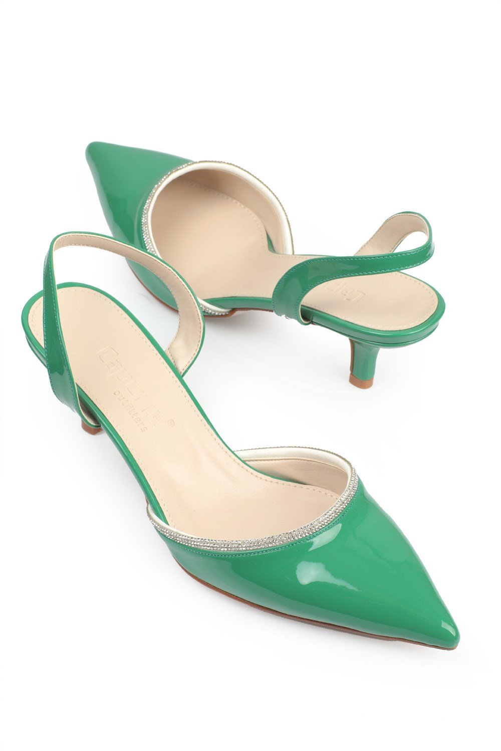 Capone Pointed Toe Slingback Crystal Embellished Mid Heel Patent Leather Women Green Shoes