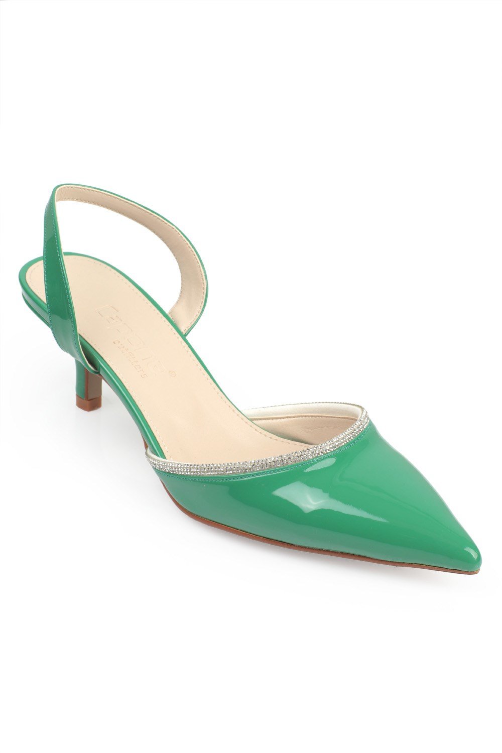 Capone Pointed Toe Slingback Crystal Embellished Mid Heel Patent Leather Women Green Shoes
