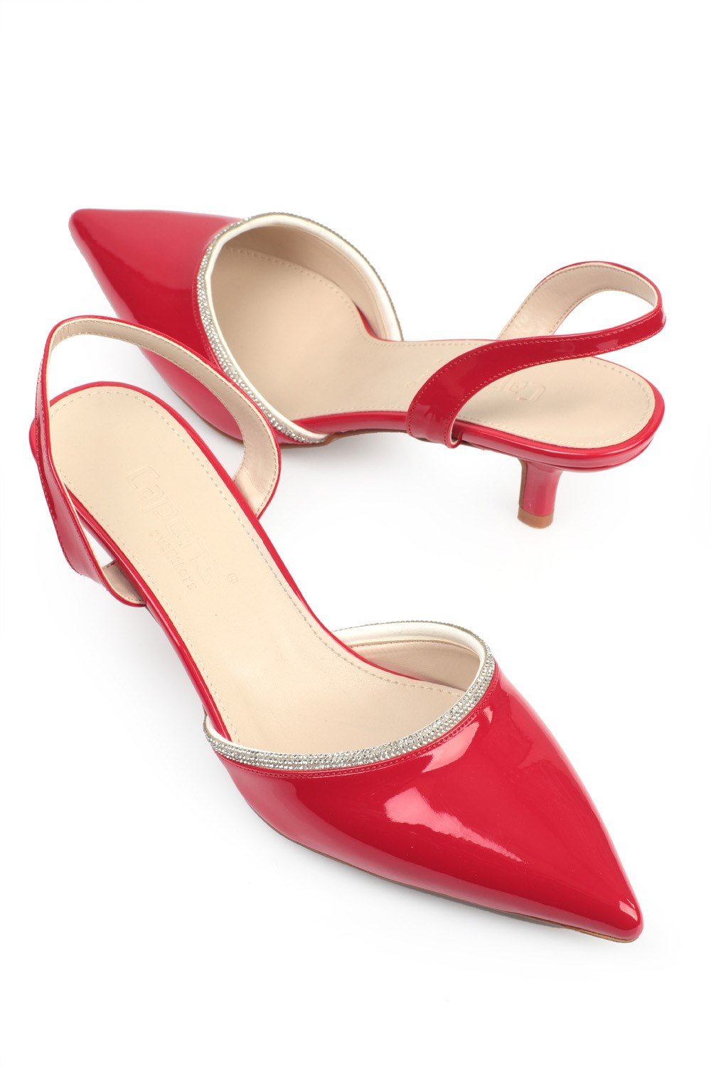 Capone Pointed Toe Slingback Crystal Embellished Mid Heel Patent Leather Women Red Shoes