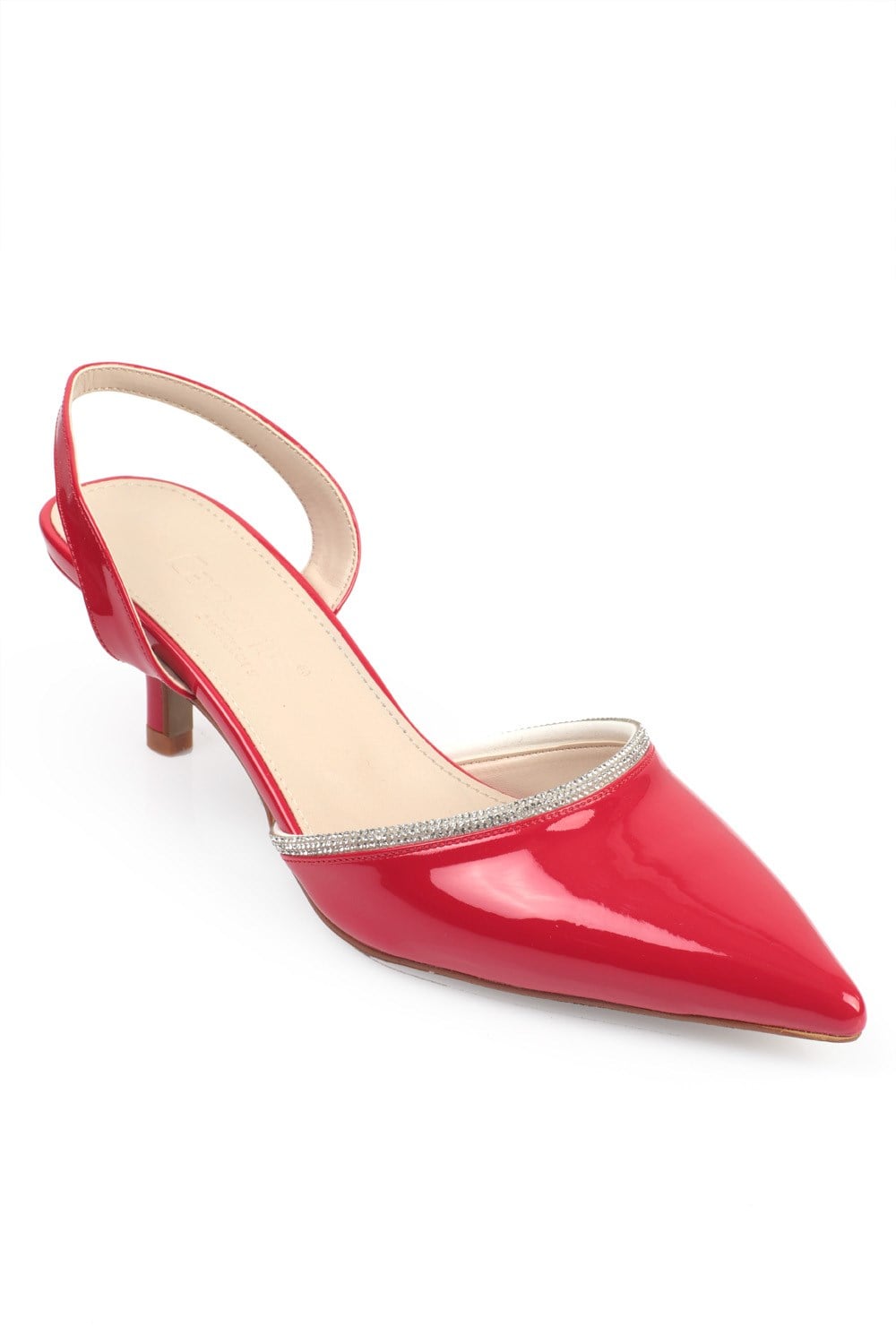 Capone Pointed Toe Slingback Crystal Embellished Mid Heel Patent Leather Women Red Shoes