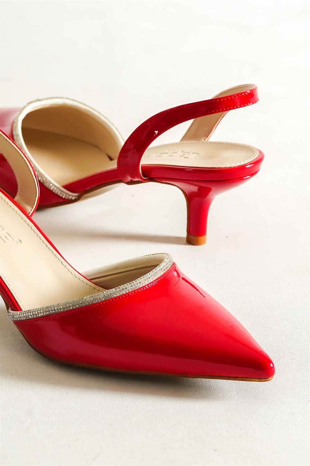 Capone Pointed Toe Slingback Crystal Embellished Mid Heel Patent Leather Women Red Shoes