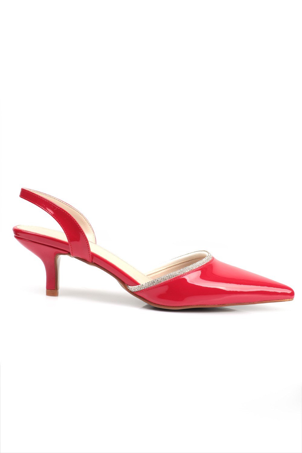 Capone Pointed Toe Slingback Crystal Embellished Mid Heel Patent Leather Women Red Shoes