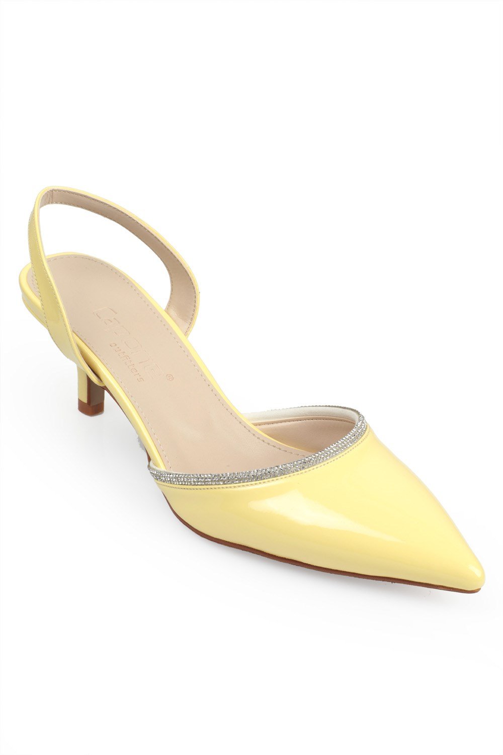 Capone Pointed Toe Slingback Crystal Embellished Mid Heel Patent