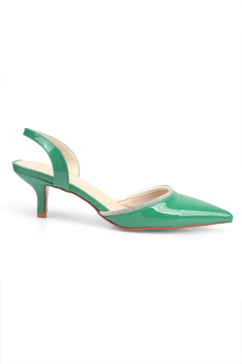 Capone Pointed Toe Slingback Crystal Embellished Mid Heel Patent Leather Women Green Shoes
