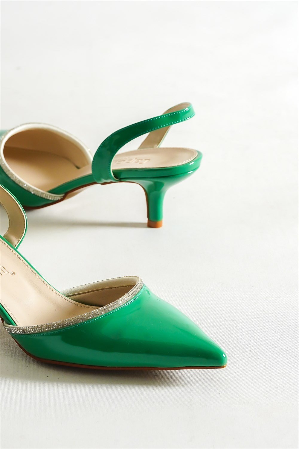 Capone Pointed Toe Slingback Crystal Embellished Mid Heel Patent Leather Women Green Shoes