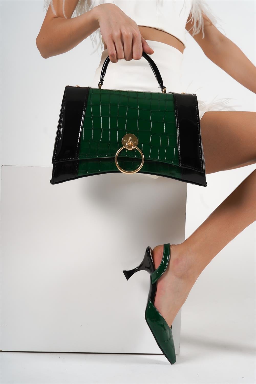 Capone Pointed Toe Slingback Mid Heel Daily Women Dark Green Shoes