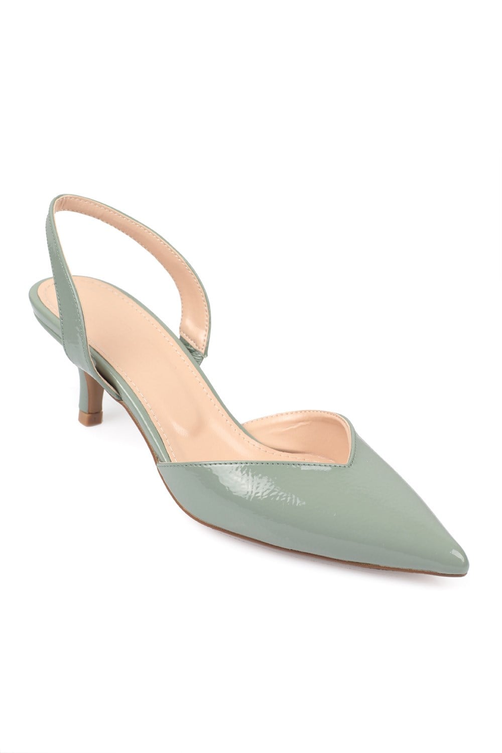 Capone Pointed Toe Slingback Mid Kitten Heel Crinkly Patent Leather Women Mint Green Shoes