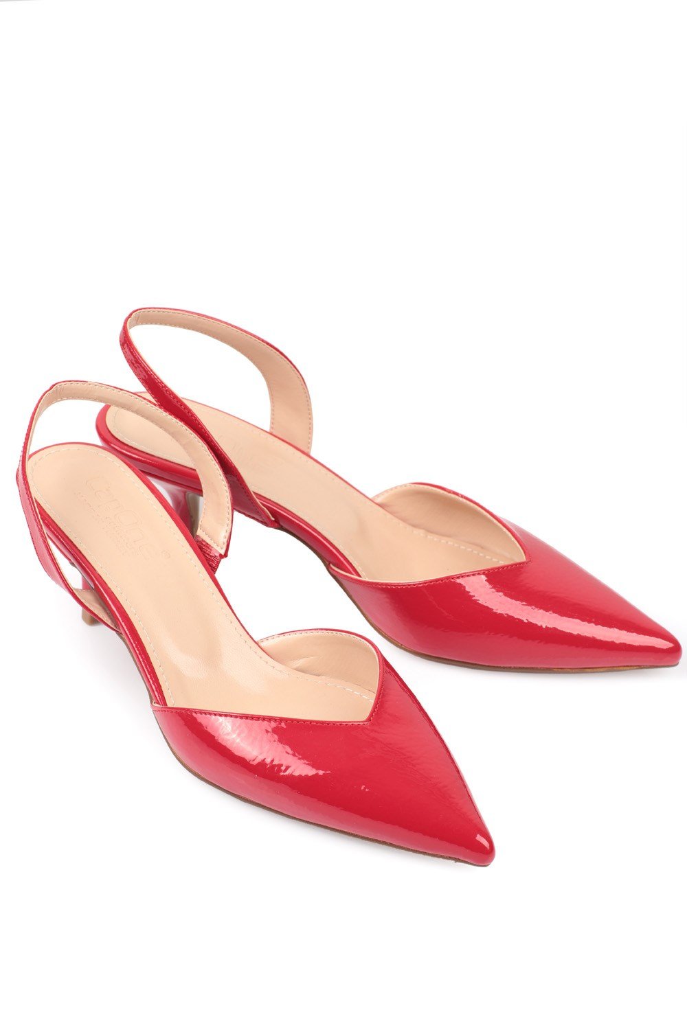 Capone Pointed Toe Slingback Mid Kitten Heel Crinkly Patent Leather Women Red Shoes