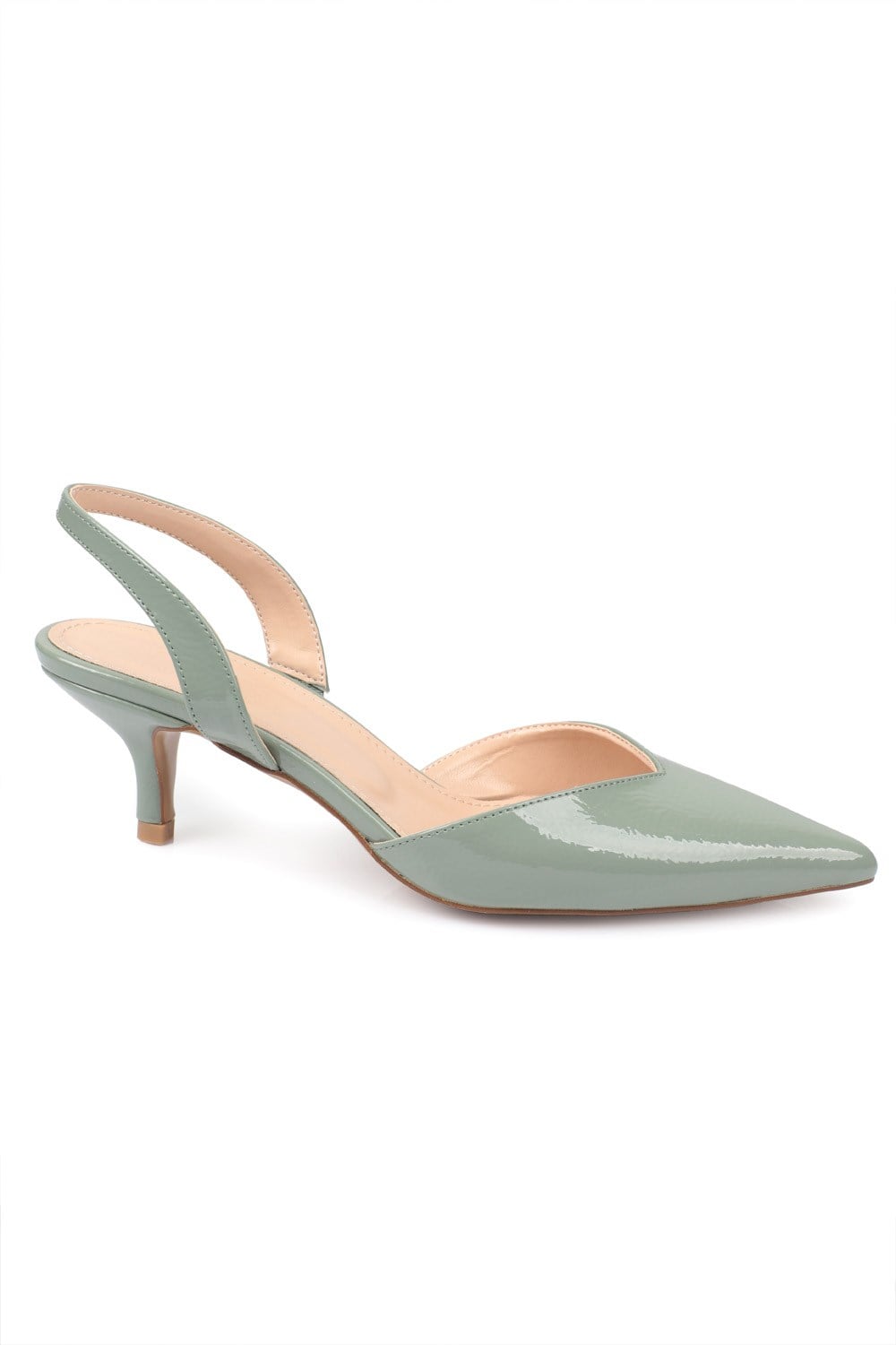 Capone Pointed Toe Slingback Mid Kitten Heel Crinkly Patent Leather Women Mint Green Shoes