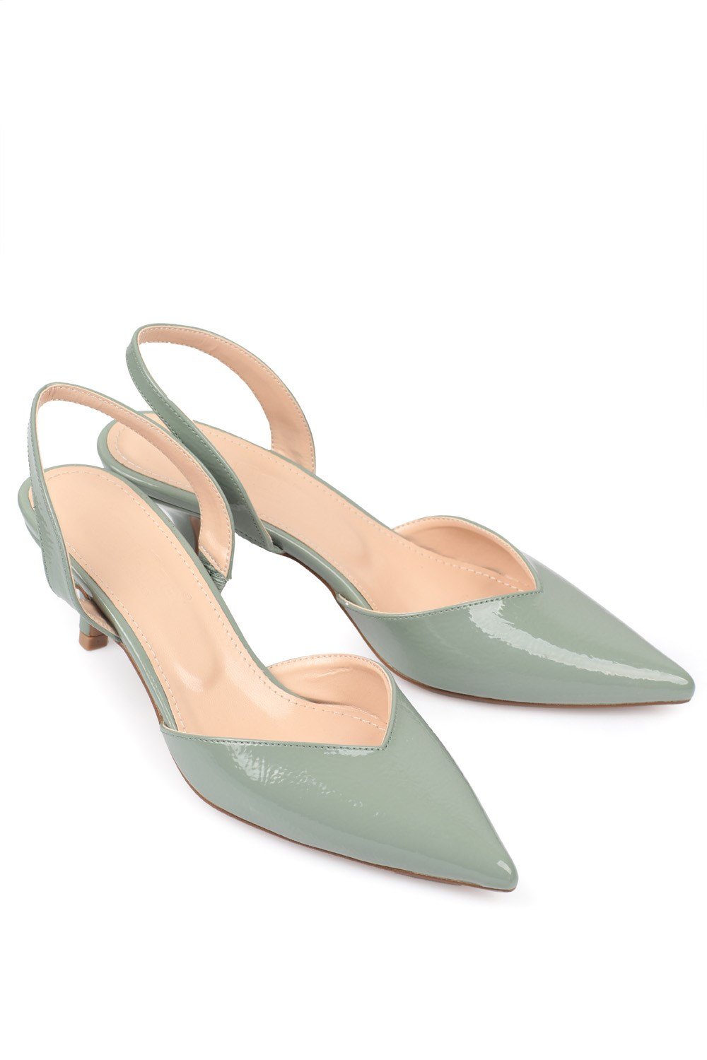 Capone Pointed Toe Slingback Mid Kitten Heel Crinkly Patent Leather Women Mint Green Shoes