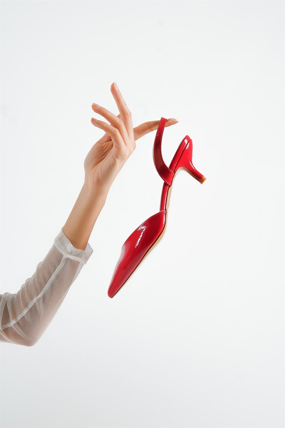 Capone Pointed Toe Slingback Mid Kitten Heel Crinkly Patent Leather Women Red Shoes
