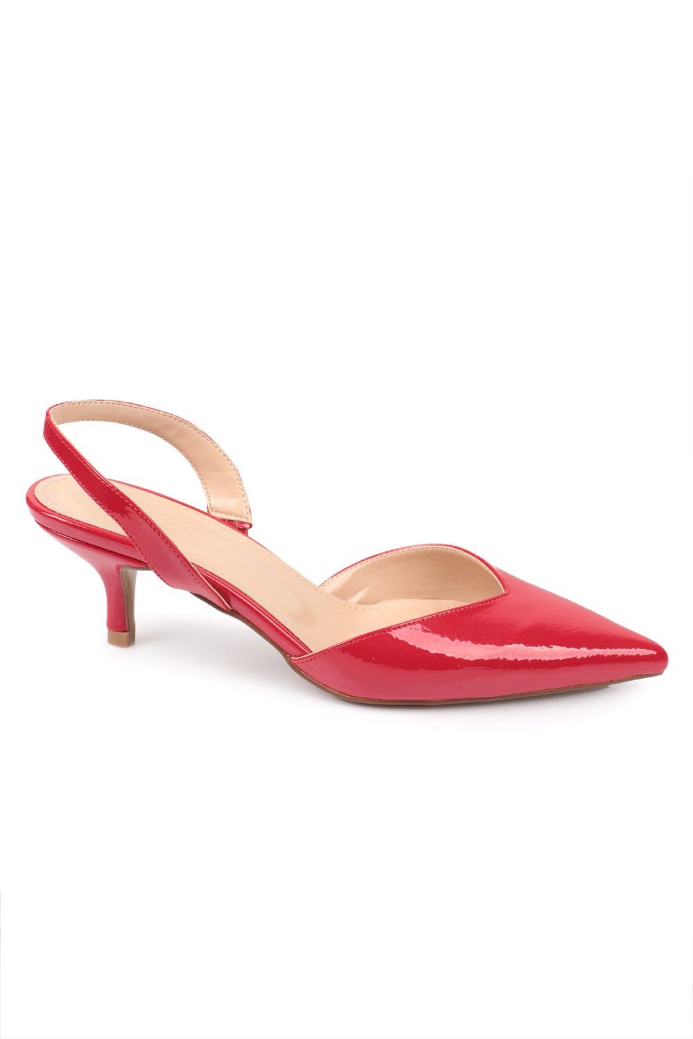 Capone Pointed Toe Slingback Mid Kitten Heel Crinkly Patent Leather Women Red Shoes