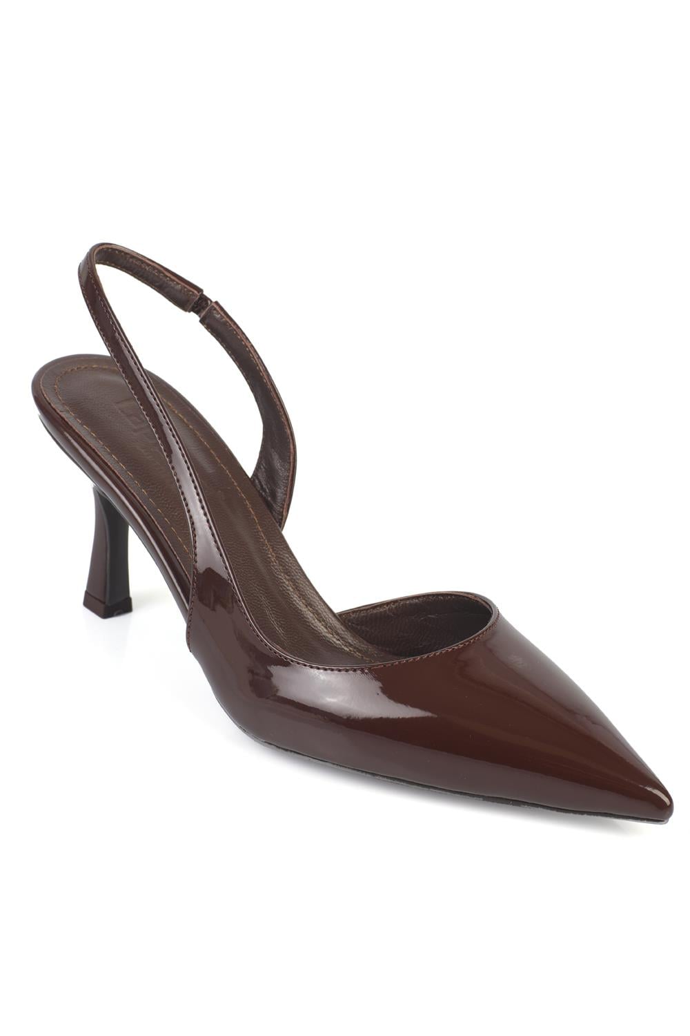 Capone Ramonda Genuine Leather Lined Pointed Toe Mid Heel Patent Look Open Back Women Patent Brown Shoe
