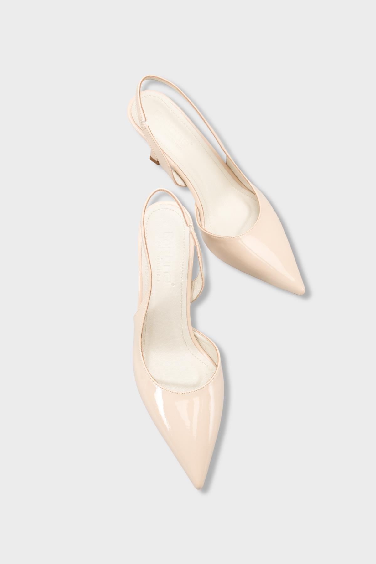 Capone Ramonda Genuine Leather Lined Pointed Toe Mid Heel Patent Look Open Back Women Patent Ecru Shoe