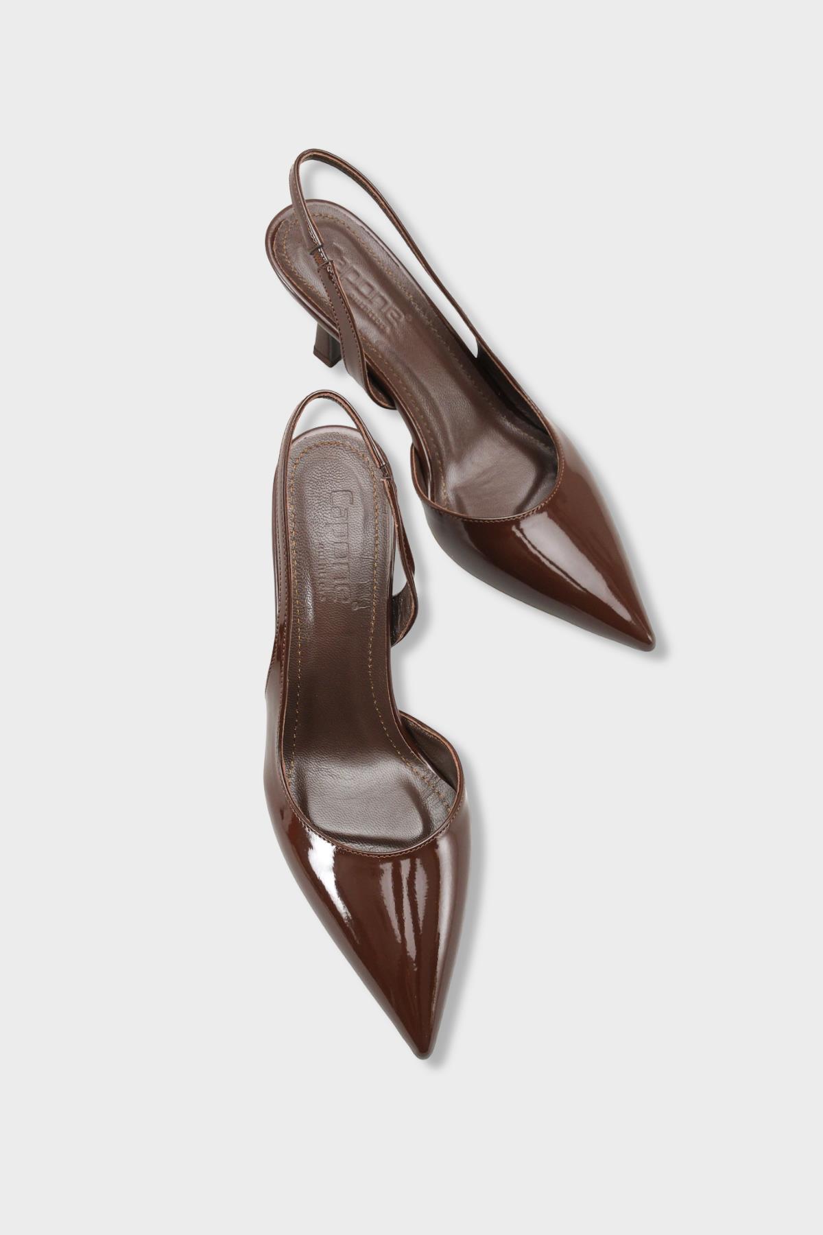Capone Ramonda Genuine Leather Lined Pointed Toe Mid Heel Patent Look Open Back Women Patent Brown Shoe