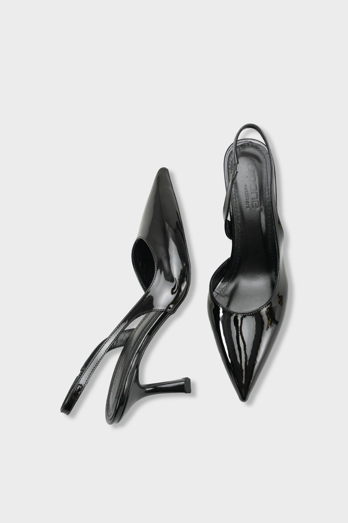 Capone Ramonda Genuine Leather Lined Pointed Toe Mid Heel Patent Look Open Back Women Patent Black Shoe