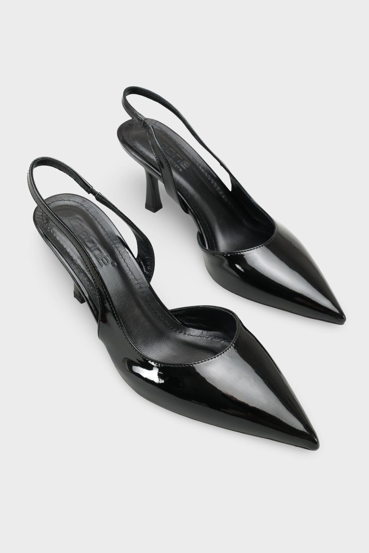 Capone Ramonda Genuine Leather Lined Pointed Toe Mid Heel Patent Look Open Back Women Patent Black Shoe
