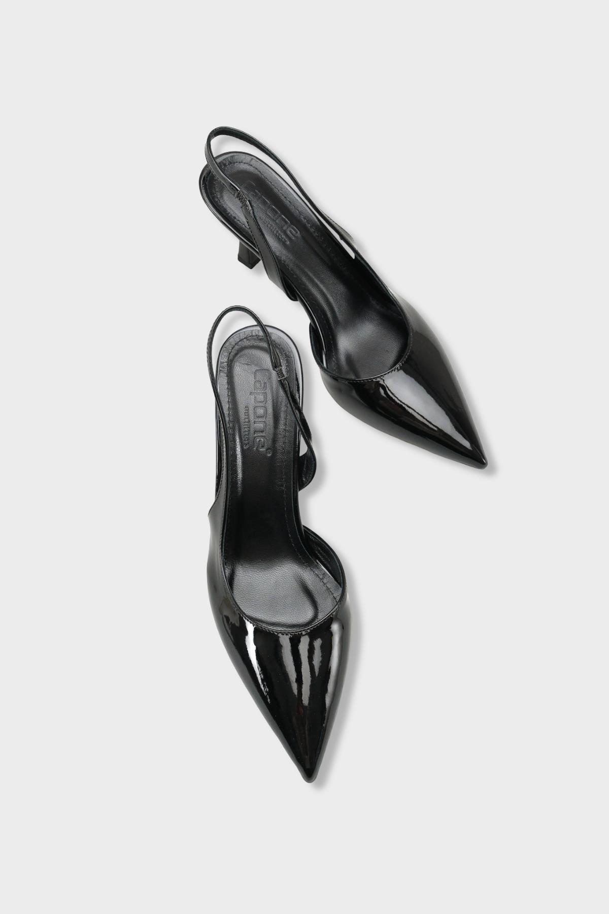 Capone Ramonda Genuine Leather Lined Pointed Toe Mid Heel Patent Look Open Back Women Patent Black Shoe