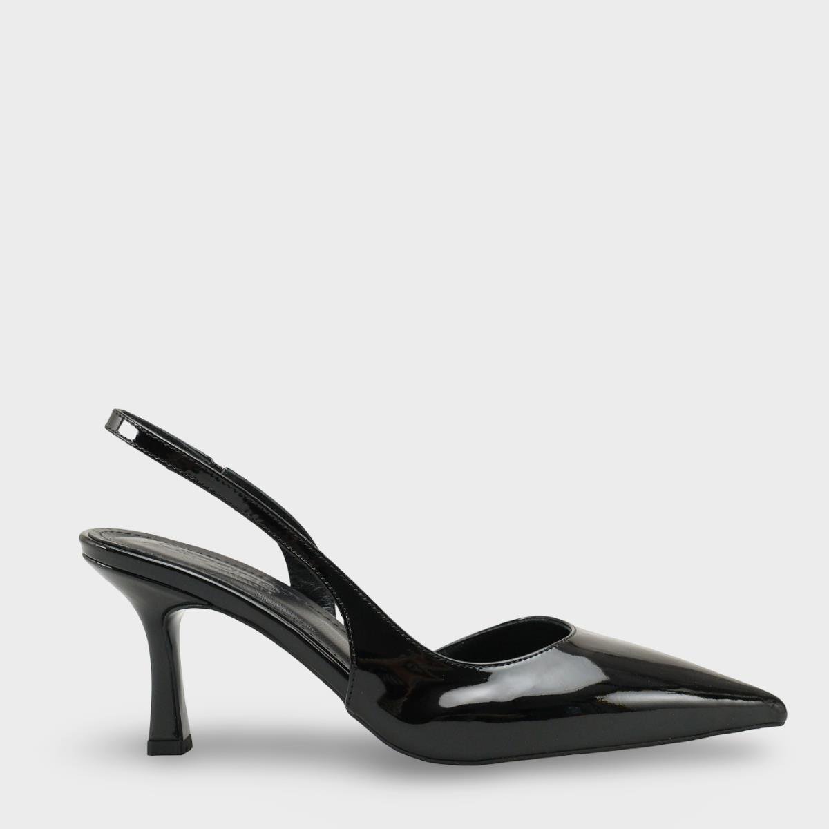 Capone Ramonda Genuine Leather Lined Pointed Toe Mid Heel Patent Look Open Back Women Patent Black Shoe